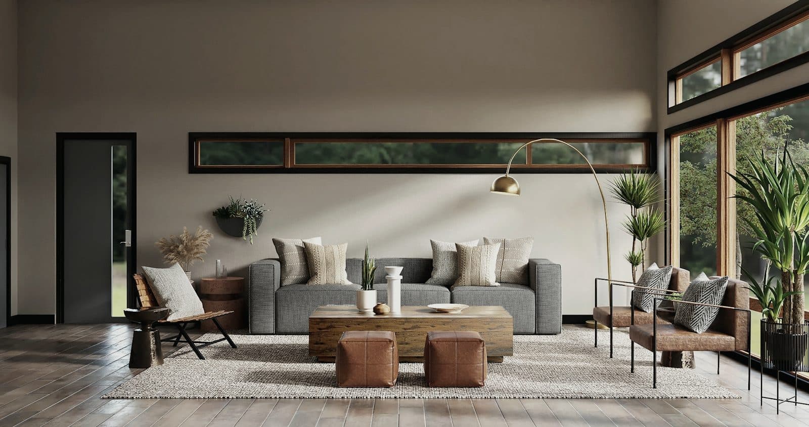 Salón cálido con grandes ventanales y vegetación